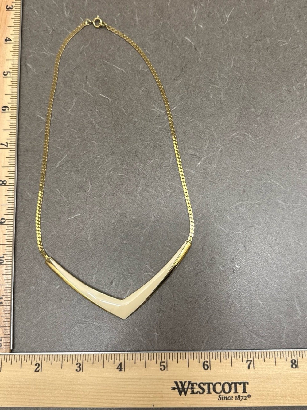 Vintage Signed Trifari Gold Tone & Cream Enamel Chevron V Necklace